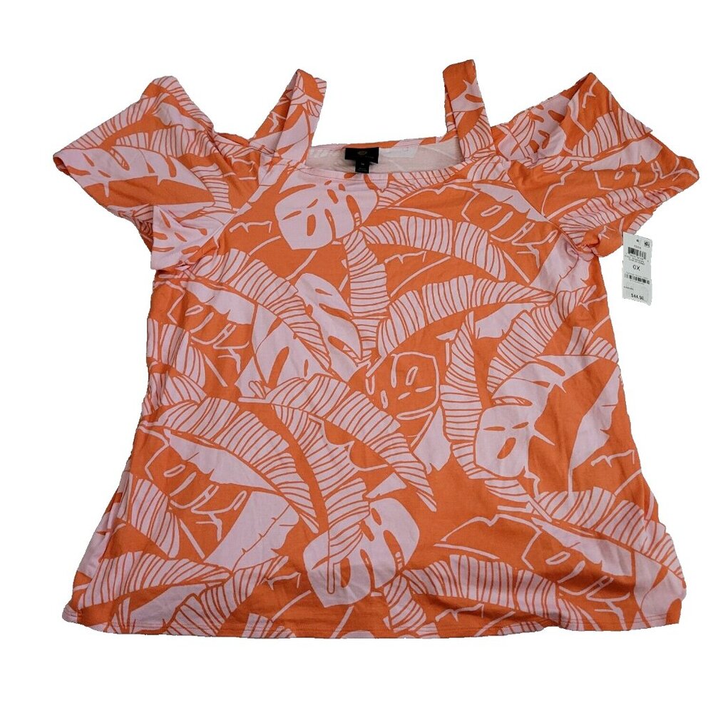 JM Collection Blouse Womens Size 0X Orange Cold Shoulder Tropical Print New